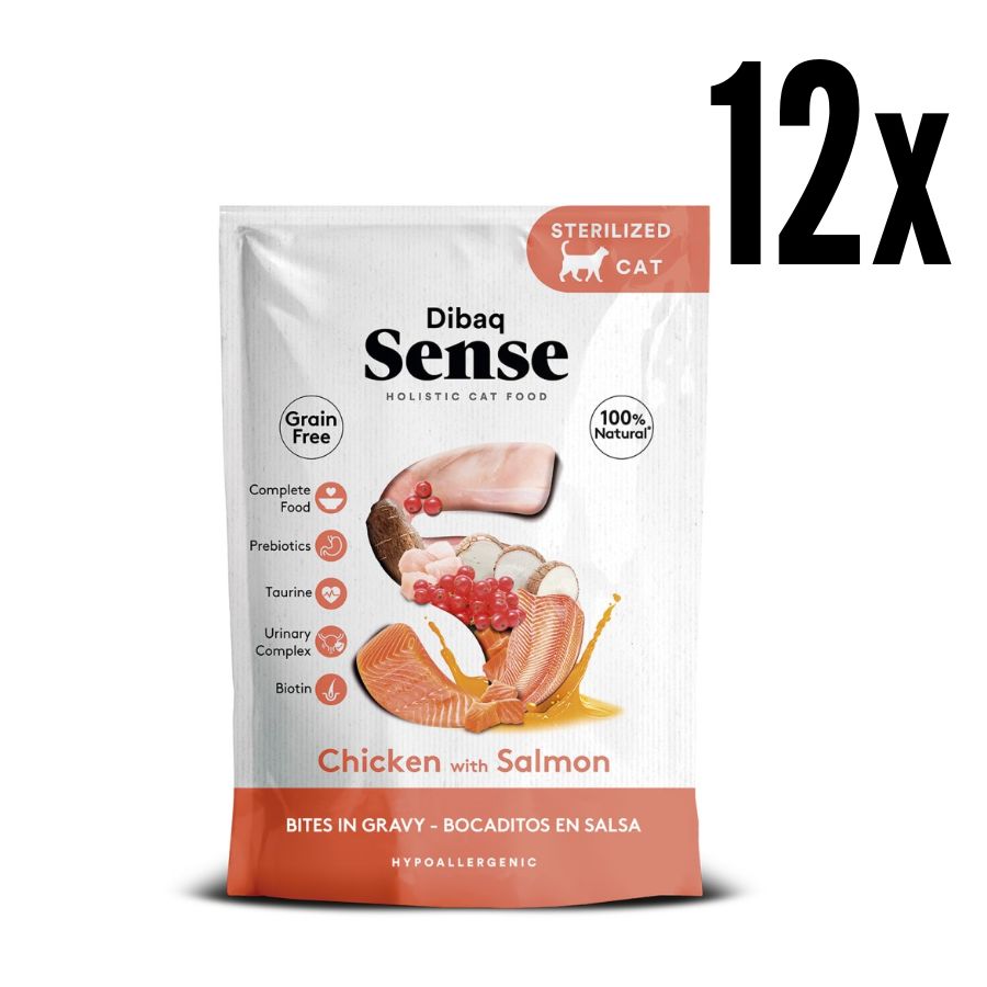 Pack 12x Dibaq Sense Bocaditos en Salsa Pollo con Salmón alimento húmedo natural, sin cereales, rico en proteínas y con beneficios digestivos y urinarios.