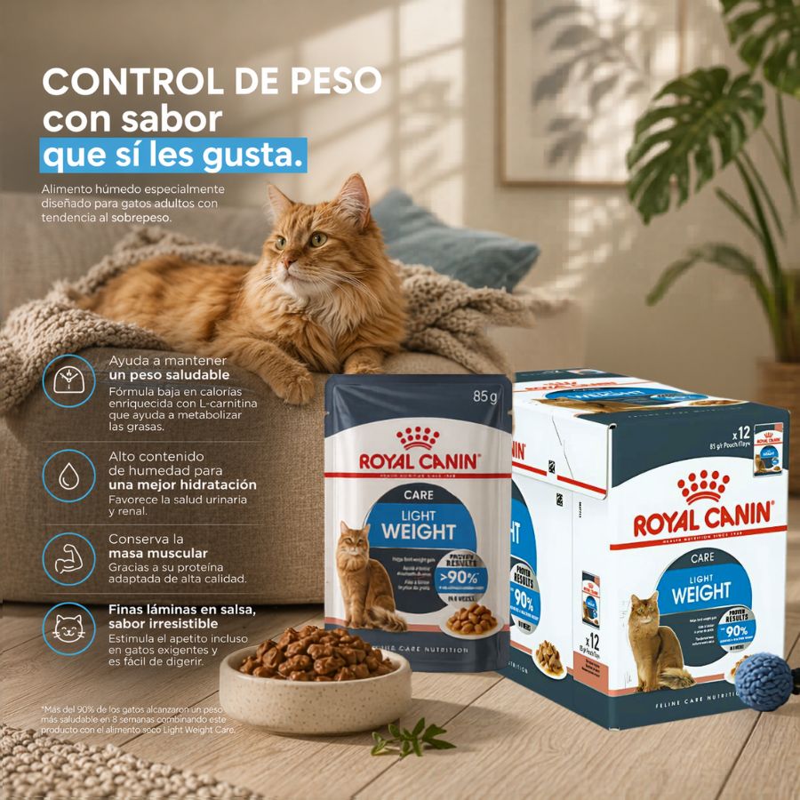 Pack 12u Royal Canin Pouch Light Weight Care alimento húmedo bajo en calorías para gatos adultos. Favorece el control de peso y mejora la hidratación.