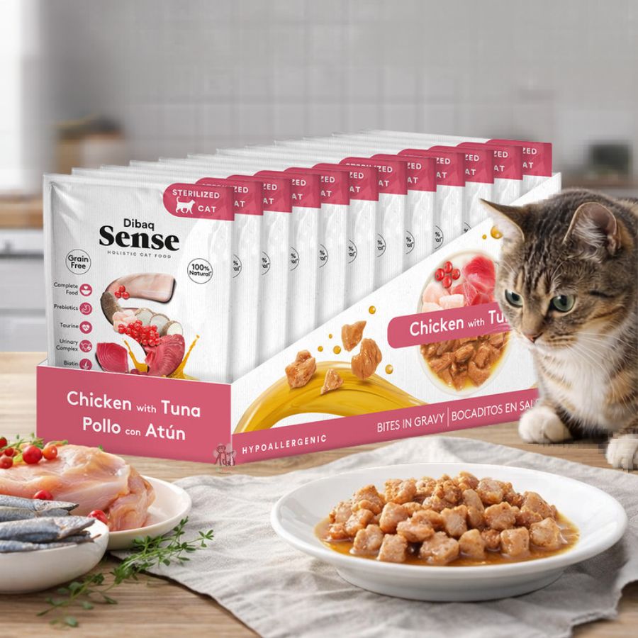 Pack 12x Dibaq Sense Bocaditos en Salsa Pollo con Atún alimento húmedo natural, sin cereales, rico en proteínas y con beneficios digestivos y urinarios.