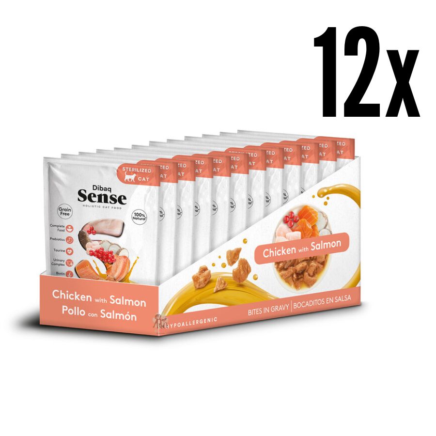 Pack 12x Dibaq Sense Bocaditos en Salsa Pollo con Salmón alimento húmedo natural, sin cereales, rico en proteínas y con beneficios digestivos y urinarios.