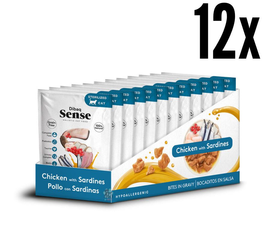 Pack 12x Dibaq Sense Bocaditos en Salsa Pollo con Sardinas alimento húmedo natural, rico en proteínas, sin cereales y con beneficios digestivos y urinarios.