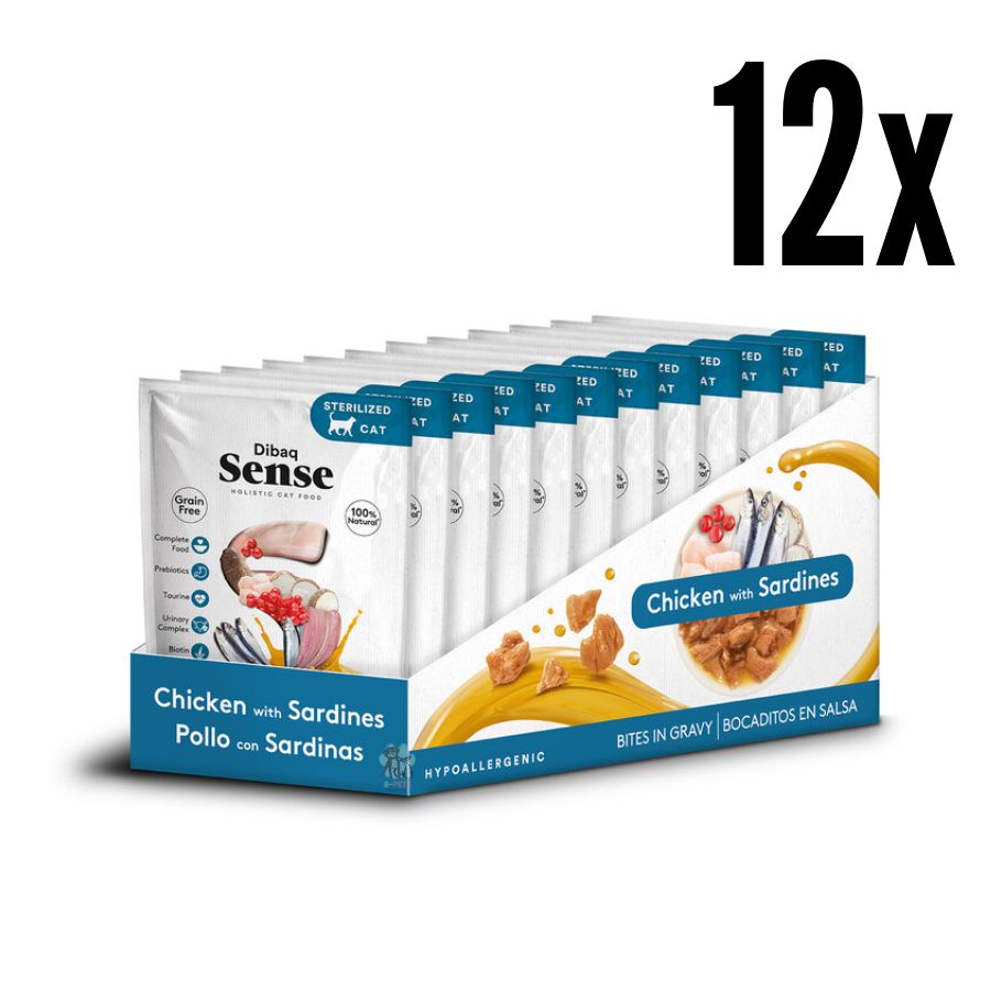 Pack 12x Dibaq Sense Bocaditos en Salsa Pollo con Sardinas alimento húmedo natural, rico en proteínas, sin cereales y con beneficios digestivos y urinarios.