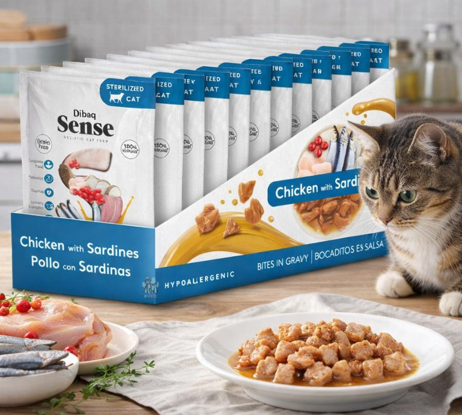 Pack 12x Dibaq Sense Bocaditos en Salsa Pollo con Sardinas alimento húmedo natural, rico en proteínas, sin cereales y con beneficios digestivos y urinarios.