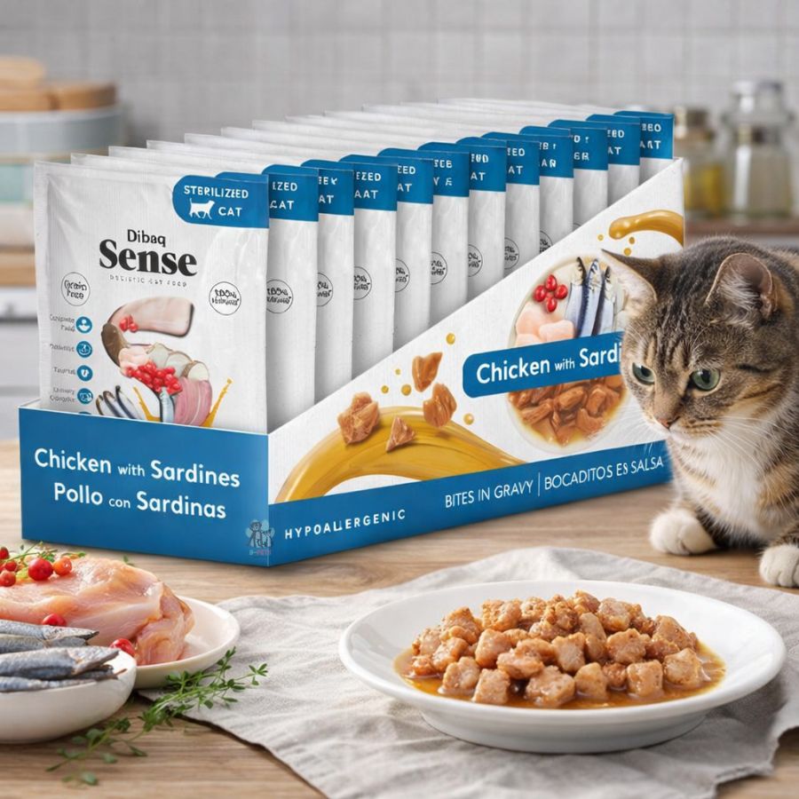 Pack 12x Dibaq Sense Bocaditos en Salsa Pollo con Sardinas alimento húmedo natural, rico en proteínas, sin cereales y con beneficios digestivos y urinarios.