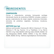 Ingredientes de los sobres del pack Royal Canin Ageing 15+ con condroitina, hortalizas y triptófano
