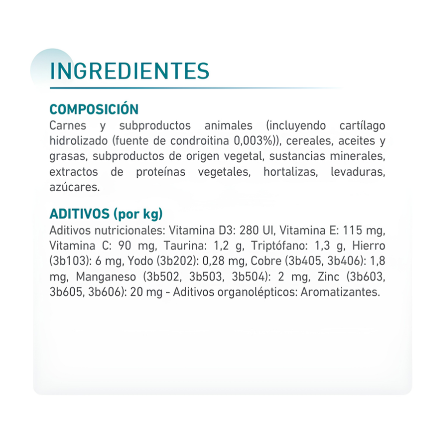 Ingredientes de los sobres del pack Royal Canin Ageing 15+ con condroitina, hortalizas y triptófano