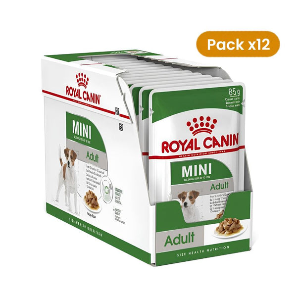 Caja Pack 12x Royal Canin Mini Adult Pouch con los sobres de 85 g de alimento húmedo a la vista
