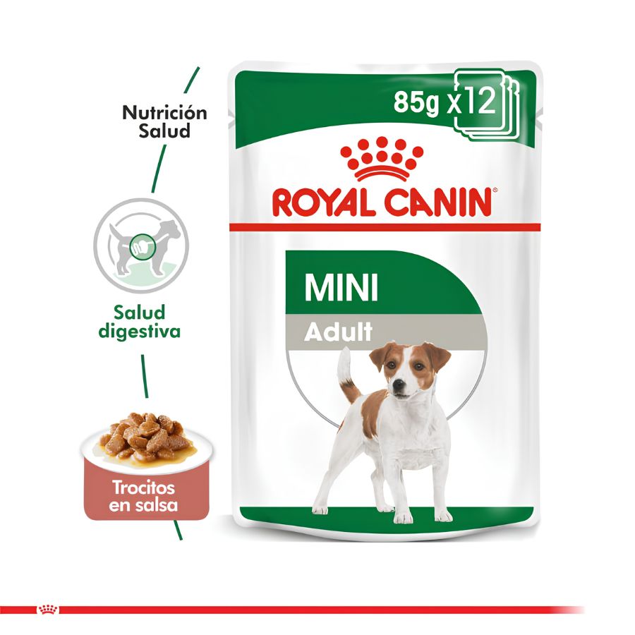 Sobre de Royal Canin Mini Adult Pouch 85 g x12 con trocitos en salsa para perros adultos de razas pequeñas