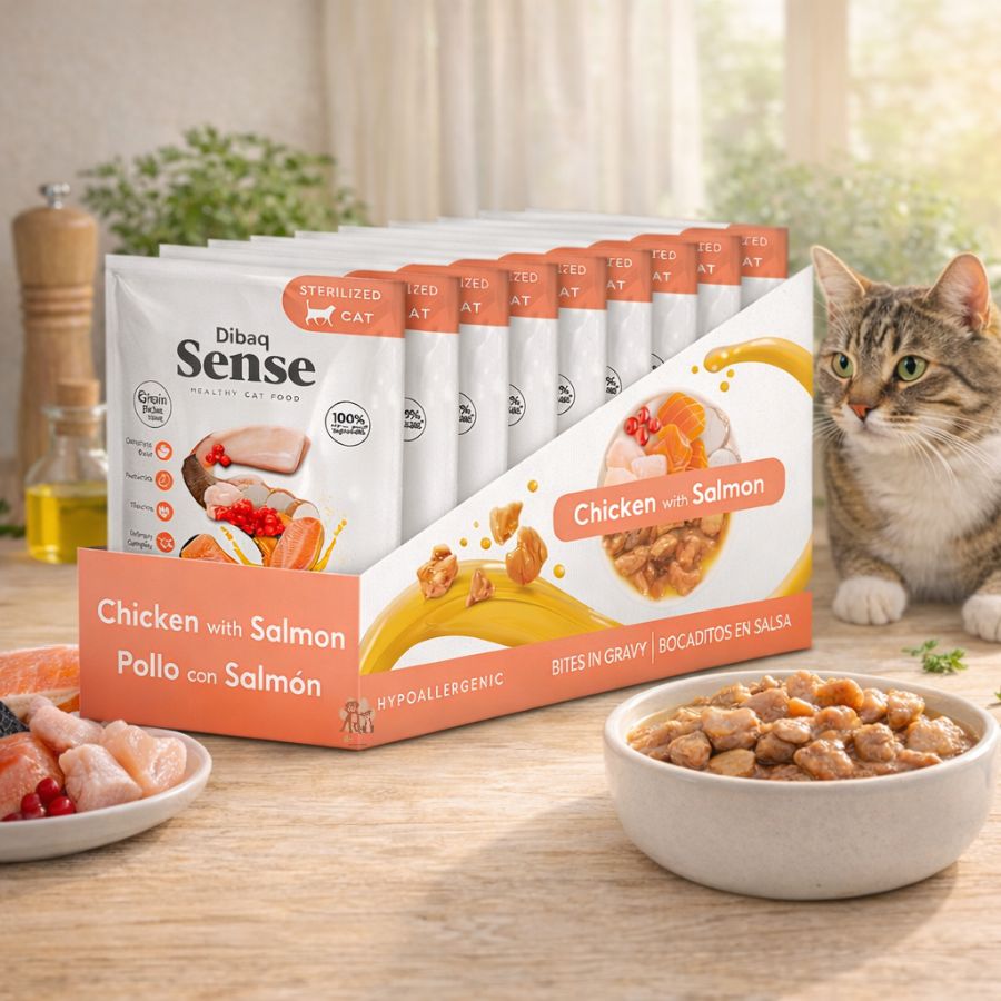 Pack 12x Dibaq Sense Bocaditos en Salsa Pollo con Salmón alimento húmedo natural, sin cereales, rico en proteínas y con beneficios digestivos y urinarios.
