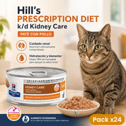 Paté k/d Kidney Care servido en un plato junto a la lata de 156 g y un gato atigrado esperando su comida