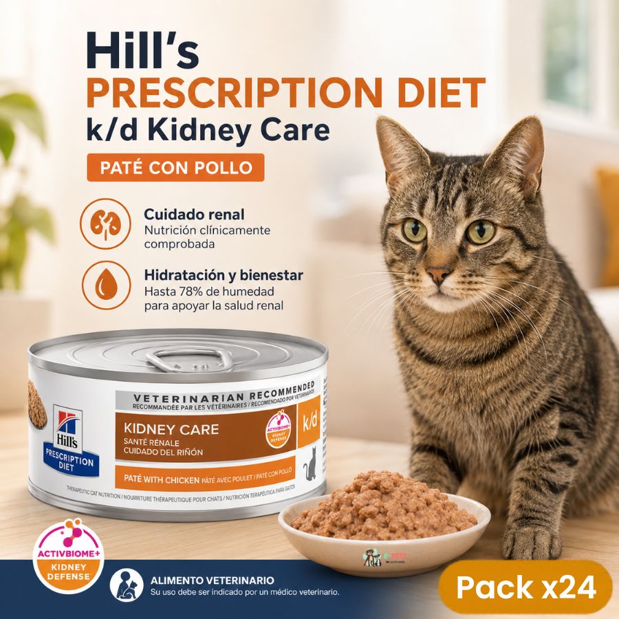 Paté k/d Kidney Care servido en un plato junto a la lata de 156 g y un gato atigrado esperando su comida