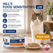 Pack 24x Hills Lata Z/D Food Sensitivities 156GR para Gatos, paté clínico con proteína hidrolizada que ayuda con sensibilidad alimentaria.