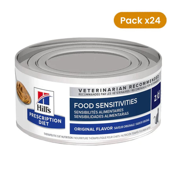 Pack 24x Hills Lata Z/D Food Sensitivities 156GR para Gatos, paté clínico con proteína hidrolizada que ayuda con sensibilidad alimentaria.