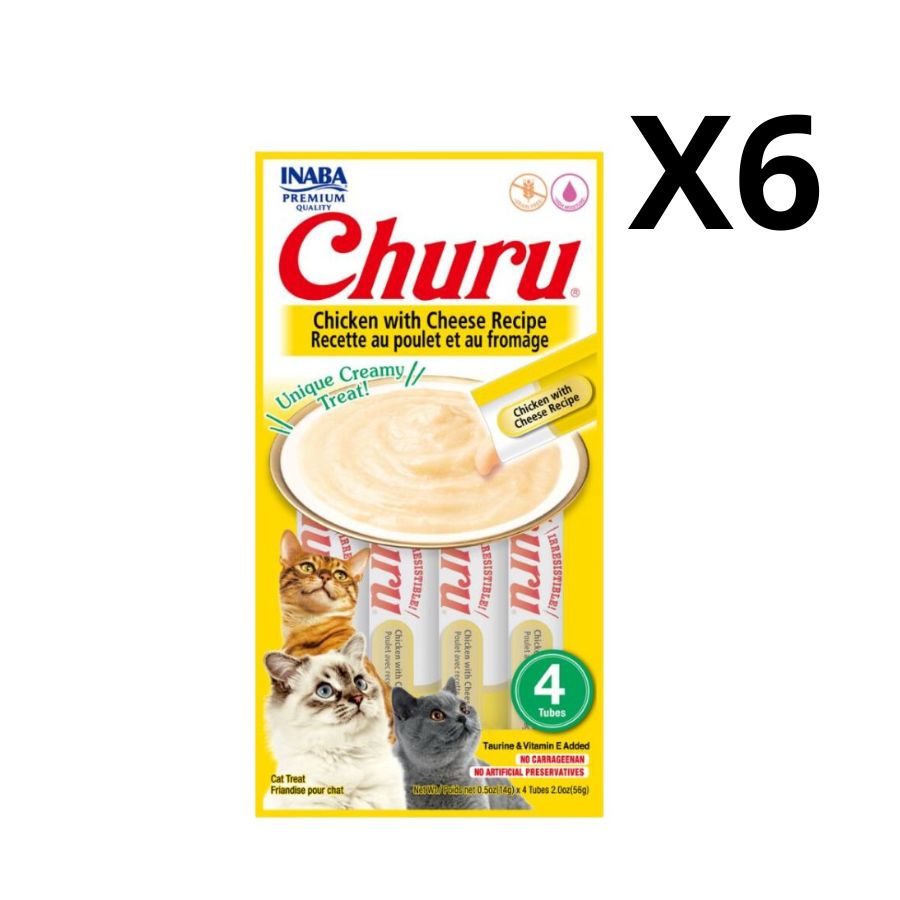 Pack 6 unidades Churu Pollo y Queso: Snack cremoso para gatos con pollo y queso, alta humedad para salud. Sin cereales, perfecto para mezclar con medicinas. 