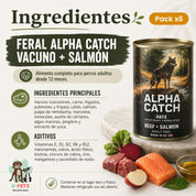 Ingredientes y aditivos del pack de 6 Feral Alpha Catch vacuno y salmón: carne, salmón, remolacha, manzana y jengibre
