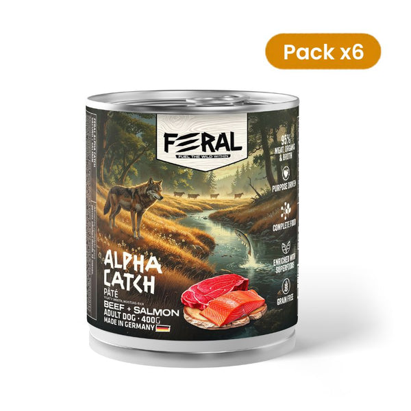 Pack de 6 latas Feral Alpha Catch de 400 g con paté de vacuno y salmón para perros adultos, con sello Pack x6
