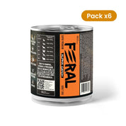 Costado de la lata del pack de 6 Feral Alpha Catch 400 g, con el logo naranja de la marca y el sello Pack x6