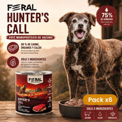 Pack x6 de Feral Hunter's Call junto a un perro: 99 % de carne y solo tres ingredientes