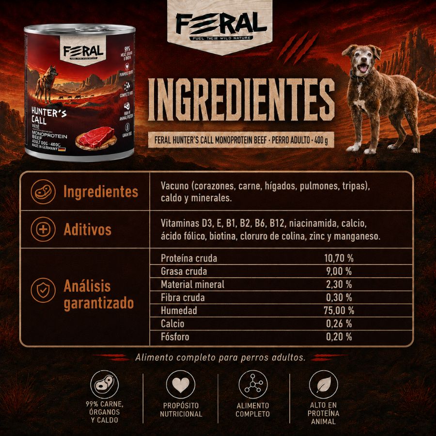 Análisis garantizado del pack de 6 Feral Hunter's Call: 10,70 % proteína, 75 % humedad y 9 % grasa