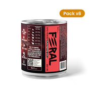 Costado de la lata del pack de 6 Feral Hunter's Call 400 g con la tabla de raciones y el código QR