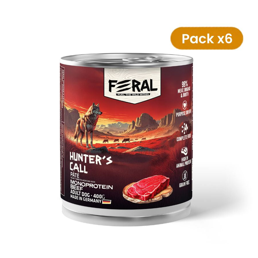 Pack de 6 latas Feral Hunter's Call de 400 g con paté monoproteico de vacuno, con sello Pack x6