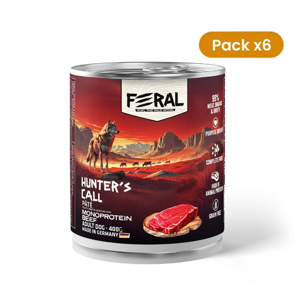 Pack de 6 latas Feral Hunter's Call de 400 g con paté monoproteico de vacuno, con sello Pack x6