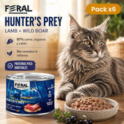 Pack x6 de Feral Hunter's Prey junto a un gato: 97 % de carne, órganos y caldo en cada lata