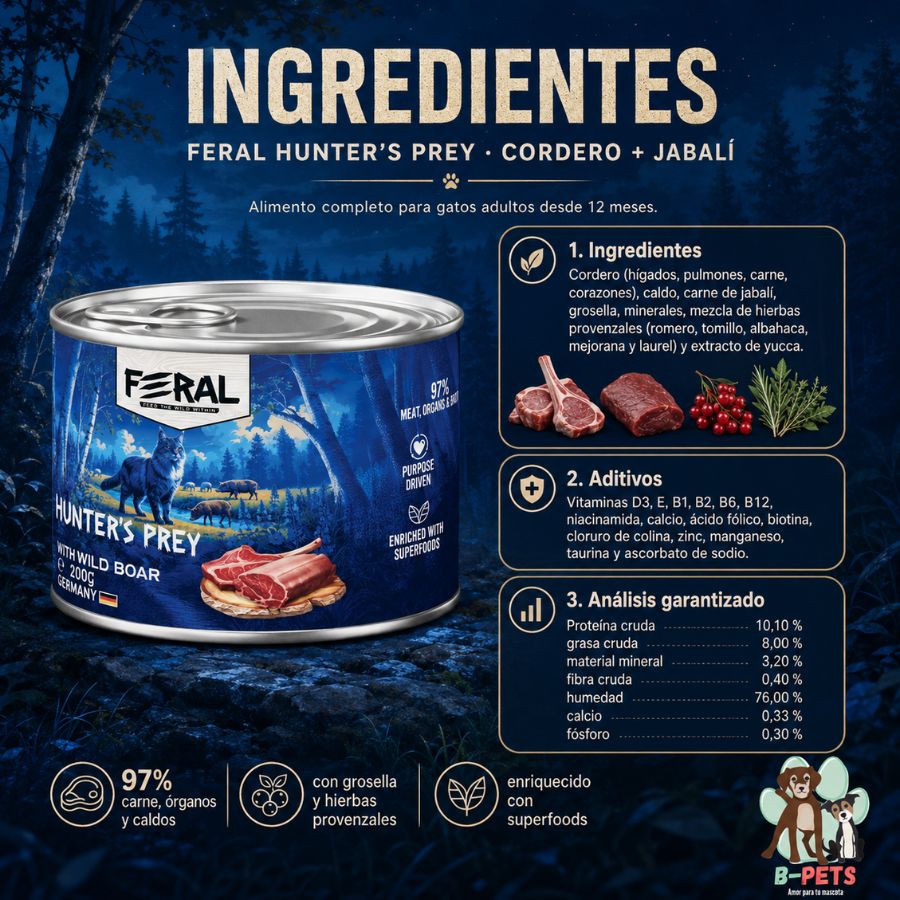 Composición del pack de 6 Feral Hunter's Prey: cordero, jabalí, grosella y hierbas provenzales