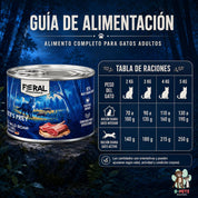Raciones diarias del pack de 6 latas Feral Hunter's Prey según el peso y la actividad del gato