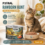 Pack x6 de Feral Rawborn Hunt junto a un gatito: 97 % de carne y 79 % de humedad en cada lata