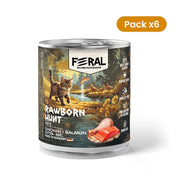 Pack 6 Latas Feral Rawborn Hunt de 400 g con paté de pollo y salmón para gatitos, con un gatito junto al río en la etiqueta