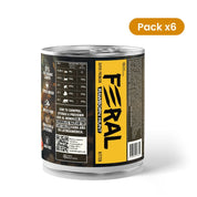 Reverso de pack 6 latas Feral Rawborn Hunt 400 g con el sello 97 % de carne, órganos y caldo y la tabla de raciones