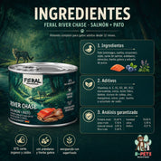 Composición del pack de 6 Feral River Chase: pato, salmón, arándanos, hierba gatera y taurina