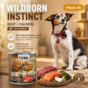 Pack x6 de Feral Wildborn Instinct 400 g junto a un perro: 94 % de carne, con FOS y MOS, sin cereales