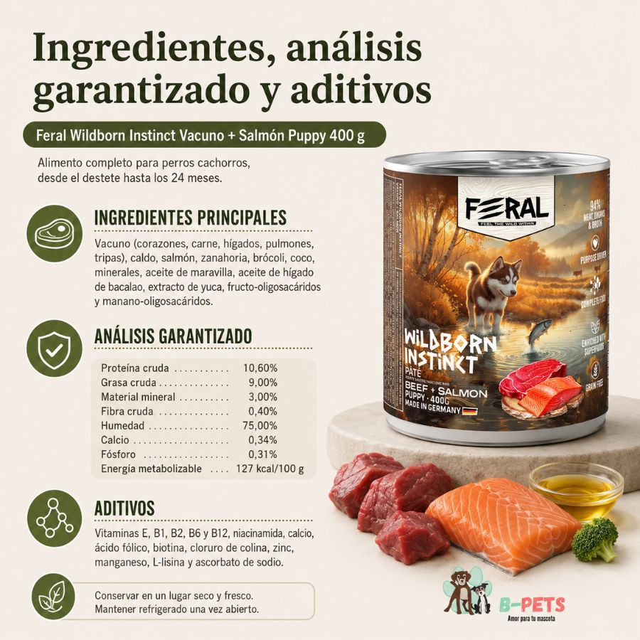 Análisis garantizado del pack de 6 Feral Wildborn Instinct: 10,60 % proteína, 75 % humedad y 127 kcal por 100 g