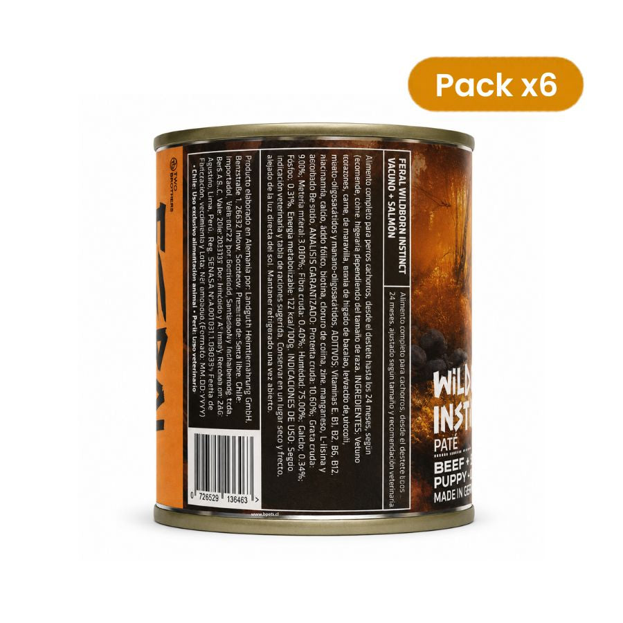 Costado de la lata del pack de 6 Feral Wildborn Instinct 400 g con la composición y el fabricante alemán