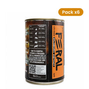 Reverso de la lata del pack de 6 Feral Wildborn Instinct 400 g con la tabla de raciones por peso del cachorro