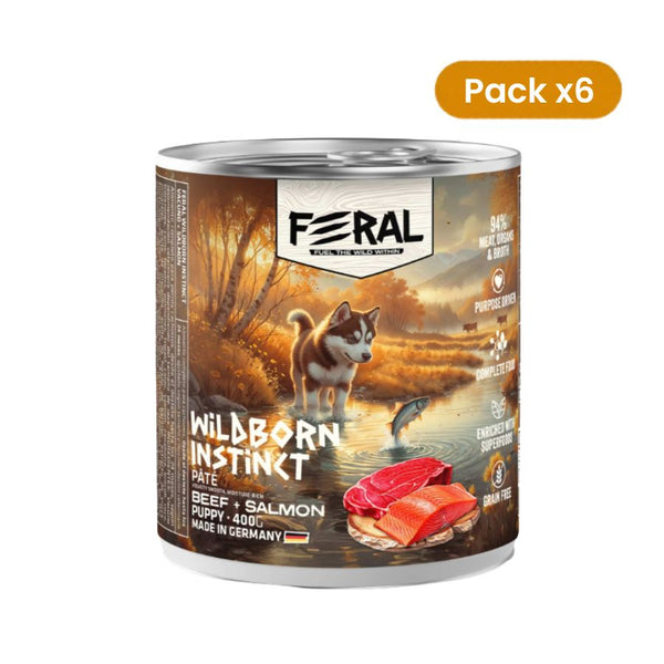 Pack de 6 latas Feral Wildborn Instinct de 400 g con paté de vacuno y salmón para cachorros, con sello Pack x6