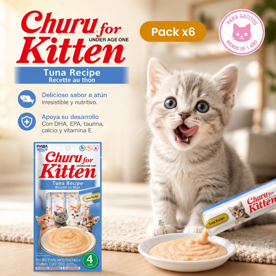 Pack 6x Churu Kitten sabor Atún, snack cremoso para gatitos con taurina, DHA, EPA y calcio. Sin conservantes ni colorantes artificiales.