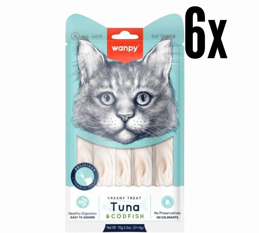 Pack 6x  Wanpy Creamy Treat Atún & Bacalao para Gatos, un snack premium 100% natural para gatos de más de 3 meses. Textura suave, libre de granos, fácil de digerir y sin colorantes ni preservantes.