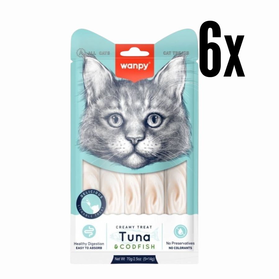 Pack 6x  Wanpy Creamy Treat Atún & Bacalao para Gatos, un snack premium 100% natural para gatos de más de 3 meses. Textura suave, libre de granos, fácil de digerir y sin colorantes ni preservantes.