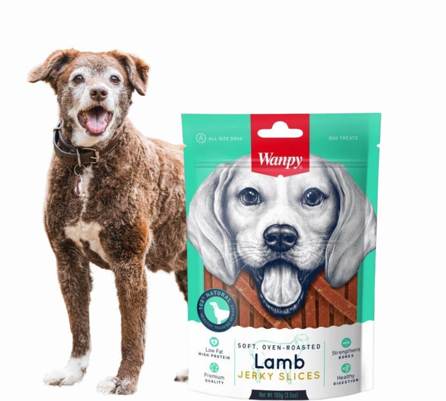 Pack 6x Wanpy Soft Lamb Jerky Slices, un snack premium 100% natural para perros de todas las edades.