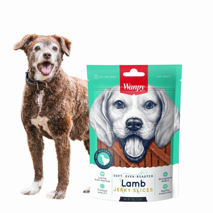 Pack 6x Wanpy Soft Lamb Jerky Slices, un snack premium 100% natural para perros de todas las edades.