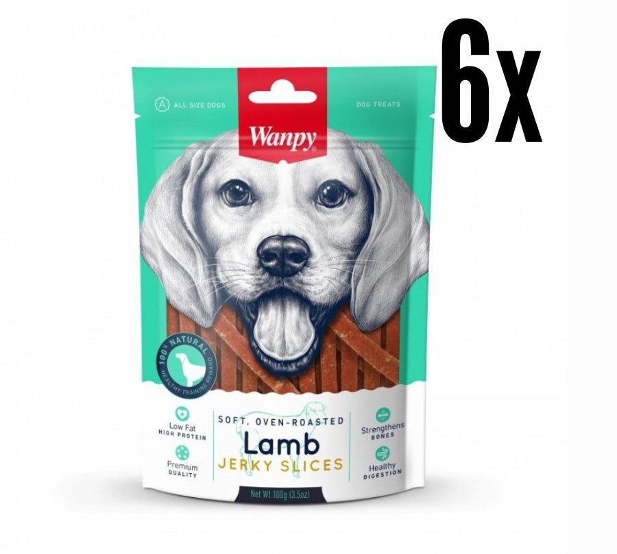 Pack 6x Wanpy Soft Lamb Jerky Slices, un snack premium 100% natural para perros de todas las edades.