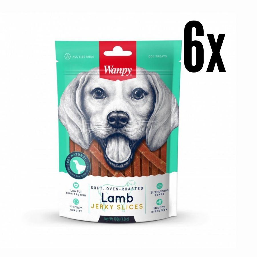 Pack 6x Wanpy Soft Lamb Jerky Slices, un snack premium 100% natural para perros de todas las edades.