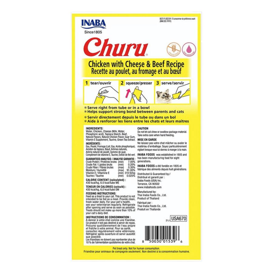 Pack 6 unidades Churu Pollo y Queso: Snack cremoso para gatos con pollo y queso, alta humedad para salud. Sin cereales, perfecto para mezclar con medicinas. 