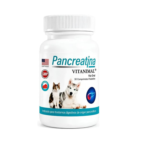 Frasco frontal de Pancreatina Vitanimal 30 comprimidos, suplemento digestivo con enzimas para perros y gatos