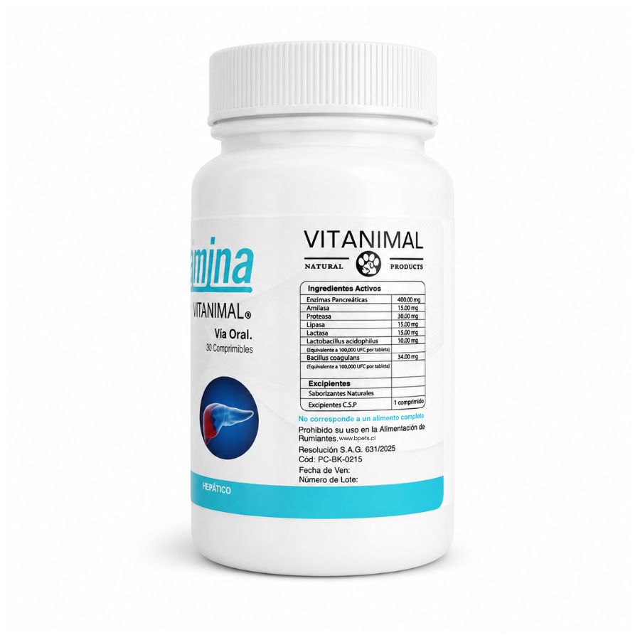 Tabla de ingredientes activos de Pancreatina Vitanimal, con 400 mg de enzimas pancreáticas y Resolución SAG 631/2025