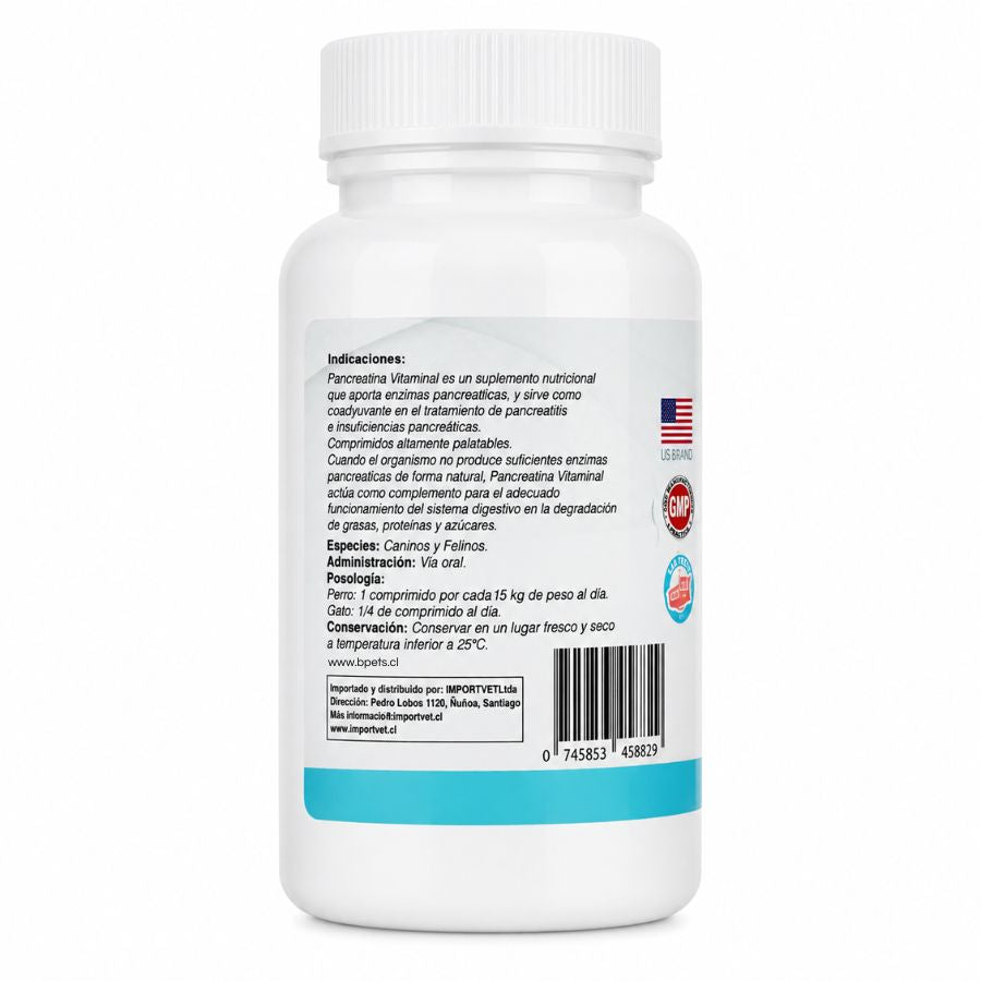 Reverso de Pancreatina Vitanimal con indicaciones, especies caninos y felinos y posología de 1 comprimido cada 15 kg