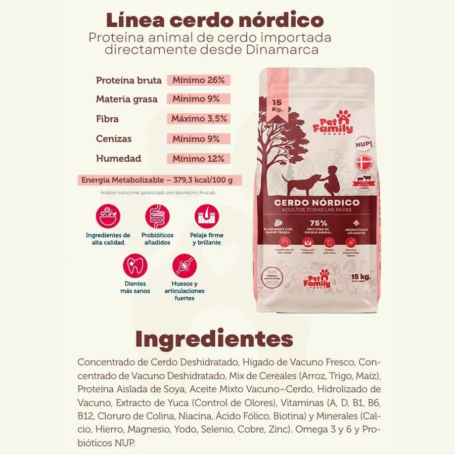 Análisis garantizado e ingredientes de Pet Family Cerdo Nórdico con cerdo importado de Dinamarca
